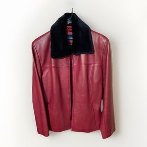 Saguaro Vintage Vibrant Red Leather Jacket Removable Faux Fur Collar Women Large